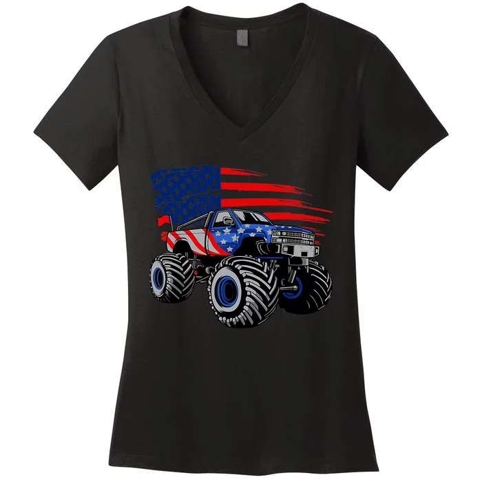 Boys Monster Truck Lover American Flag Racing USA Patriotic Women's V-Neck T-Shirt