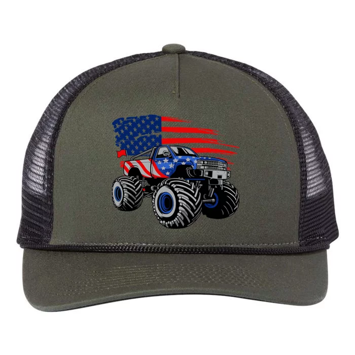 Boys Monster Truck Lover American Flag Racing USA Patriotic Retro Rope Trucker Hat Cap