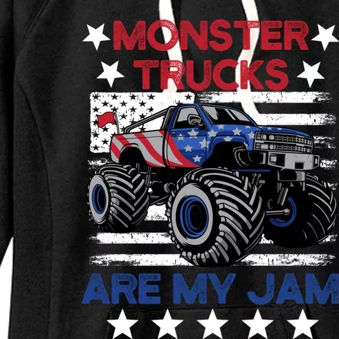 Boy Monster Truck American Flag Racing USA Patriotic Retro Women's Fleece Hoodie