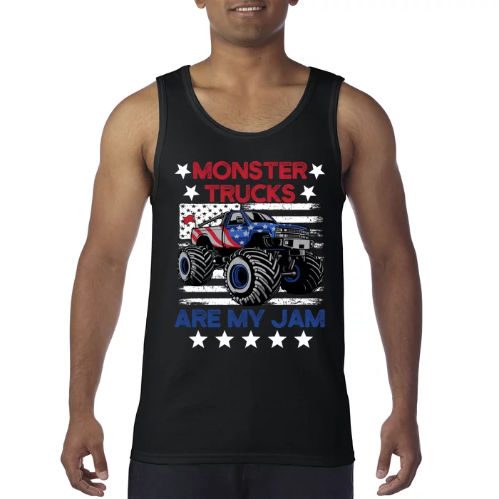 Boy Monster Truck American Flag Racing USA Patriotic Retro Tank Top