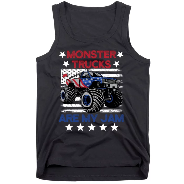 Boy Monster Truck American Flag Racing USA Patriotic Retro Tank Top