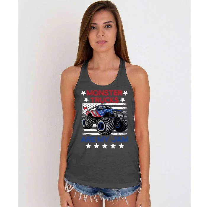 Boy Monster Truck American Flag Racing USA Patriotic Retro Women's Knotted Racerback Tank