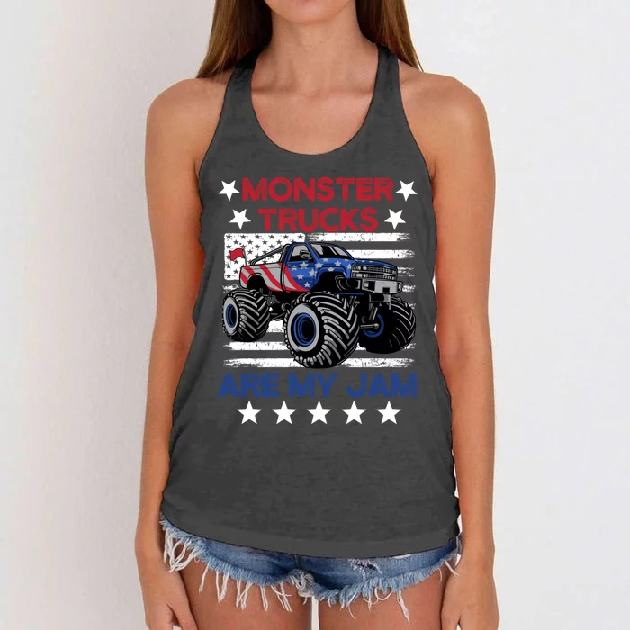 Boy Monster Truck American Flag Racing USA Patriotic Retro Women's Knotted Racerback Tank