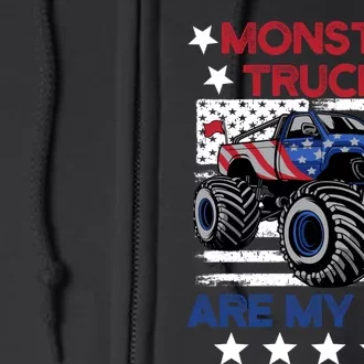 Boy Monster Truck American Flag Racing USA Patriotic Retro Full Zip Hoodie