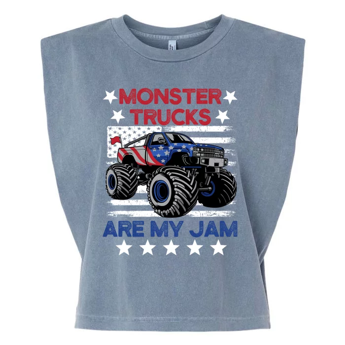 Boy Monster Truck American Flag Racing USA Patriotic Retro Garment-Dyed Women's Muscle Tee