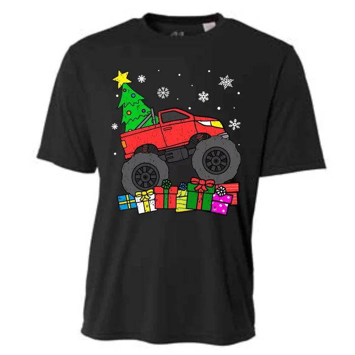 Boy Monster Truck Christmas Tree Snowflakes Cooling Performance Crew T-Shirt