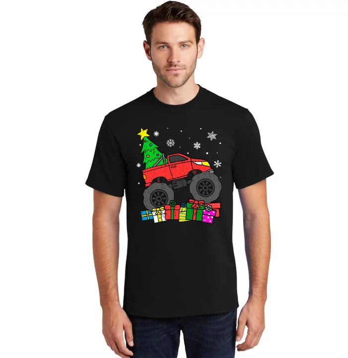 Boy Monster Truck Christmas Tree Snowflakes Tall T-Shirt