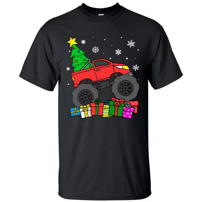 Boy Monster Truck Christmas Tree Snowflakes Tall T-Shirt