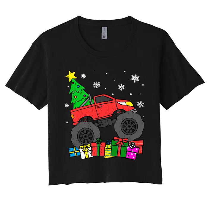 Boy Monster Truck Christmas Tree Snowflakes Women's Crop Top Tee