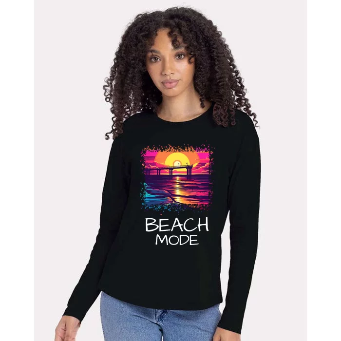 Beach Mode Vacy Mode Beach Life Vacation Mode Vintage Sunset Beach Trip Womens Cotton Relaxed Long Sleeve T-Shirt