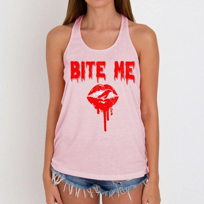 Bite Me Vampire Lover Dripping Blood Spooky Halloween Lover Women's Knotted Racerback Tank