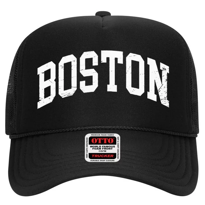 Boston Massachusetts Vintage Distressed Worn High Crown Mesh Trucker Hat