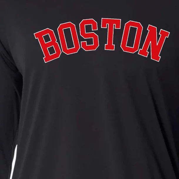 Boston Ma Varsity Style Red Text Cooling Performance Long Sleeve Crew