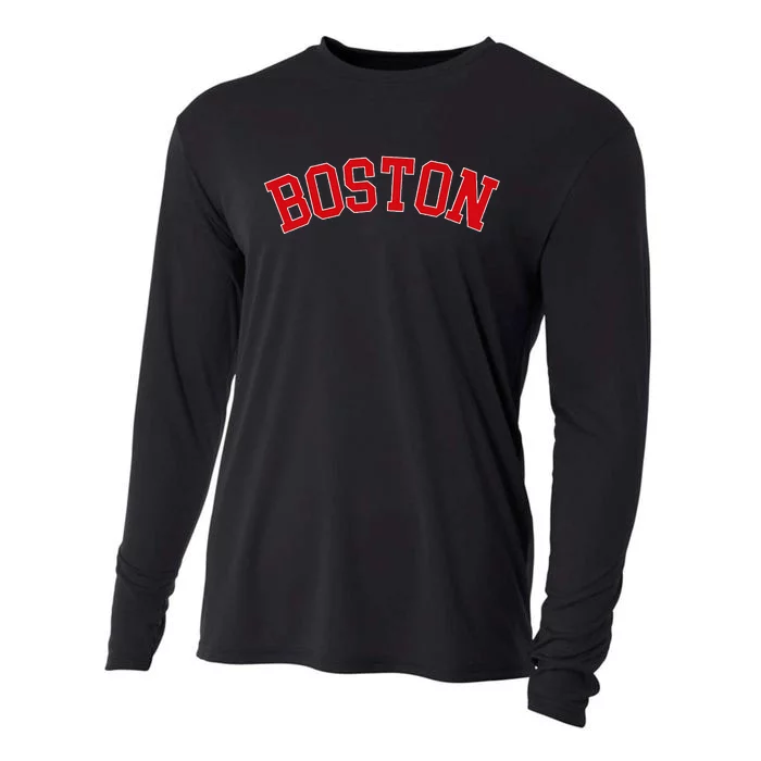 Boston Ma Varsity Style Red Text Cooling Performance Long Sleeve Crew