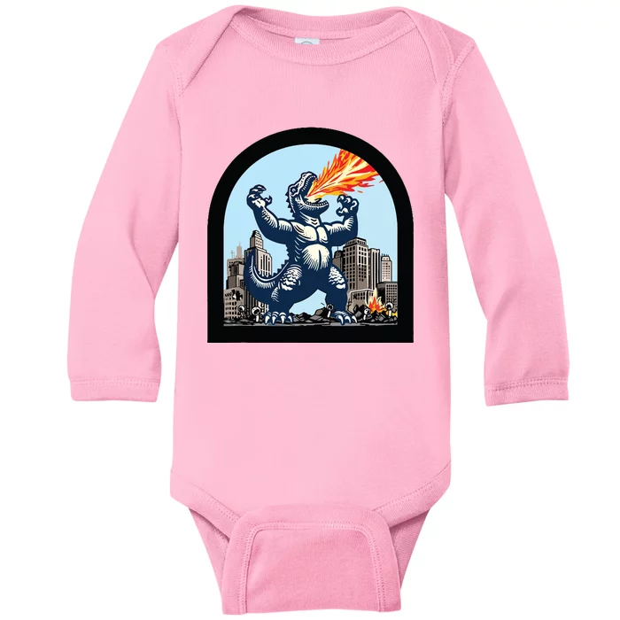 Big Monster Versus Tiny People Baby Long Sleeve Bodysuit