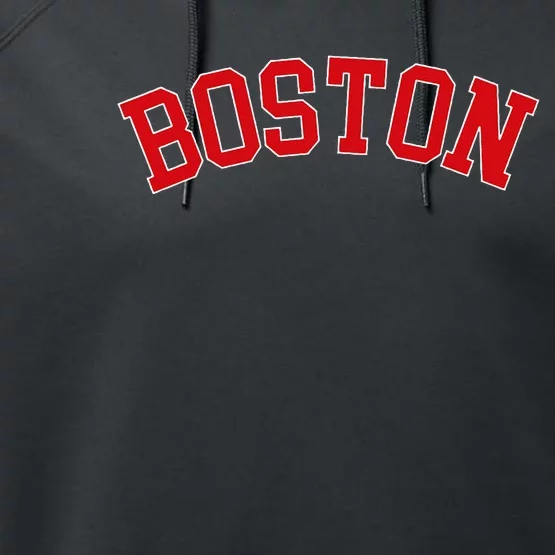 Boston Ma Varsity Style Red Text Performance Fleece Hoodie