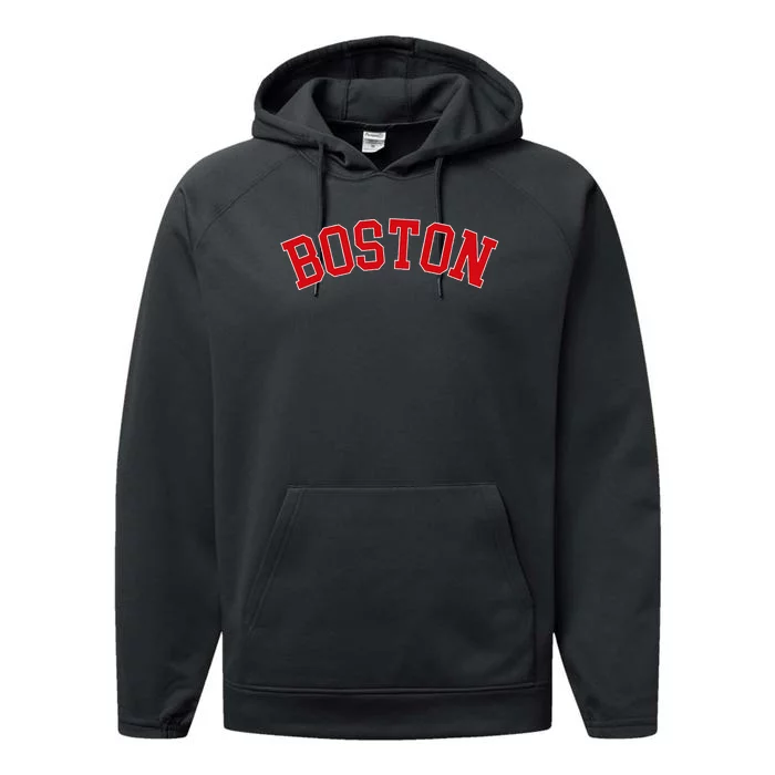 Boston Ma Varsity Style Red Text Performance Fleece Hoodie