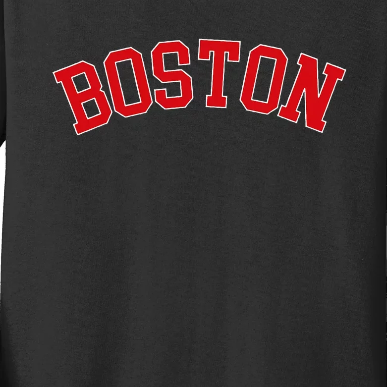 Boston Ma Varsity Style Red Text Kids Long Sleeve Shirt