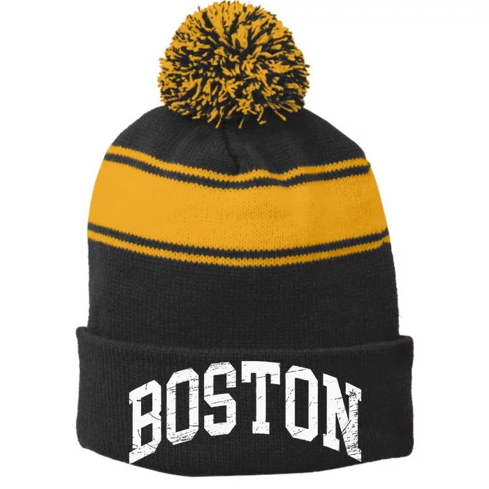 Boston Massachusetts Worn Style Design Classic Stripe Pom Pom Beanie