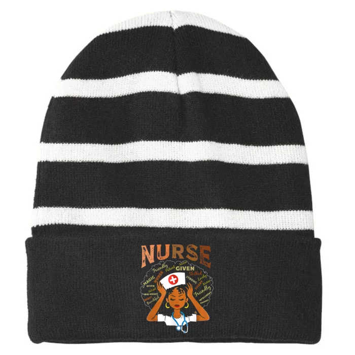 Black Nurse Black History Blm Melanin Afro Woman Nursing Striped Beanie with Solid Band