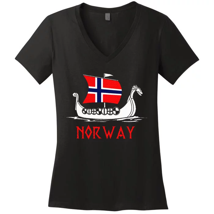 Boat Norwegian Flag Norway Viking Ship Norway Women's V-Neck T-Shirt