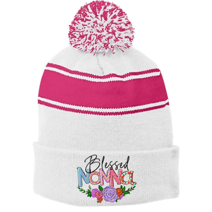 Blessed Nonna Graphic First Time Grandma Shirt Plus Size Shirts For Girl Mom Son Stripe Pom Pom Beanie