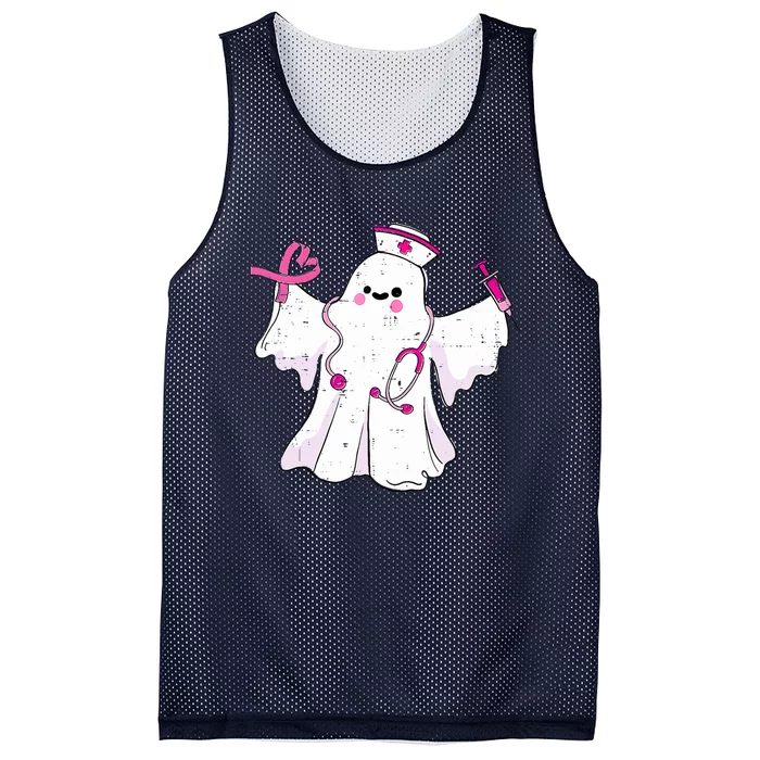 Boo Nurse Ghost Scrub Top Halloween Breast Cancer Awareness Mesh Reversible Basketball Jersey Tank