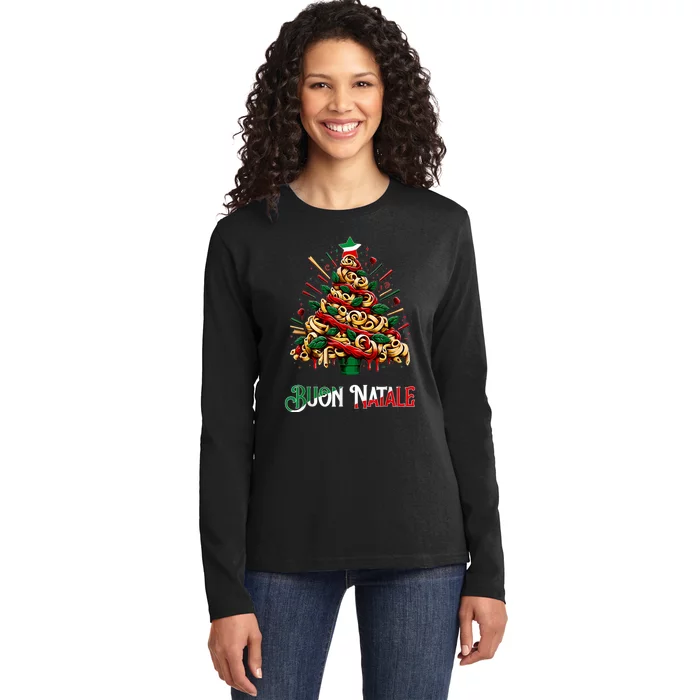 Buon Natale Italian Pasta Christmas Tree Xmas Ladies Long Sleeve Shirt