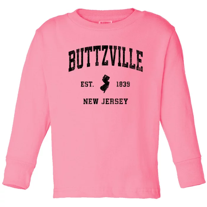 Buttzville New Jersey Nj Vintage Athletic Black Sports Toddler Long Sleeve Shirt