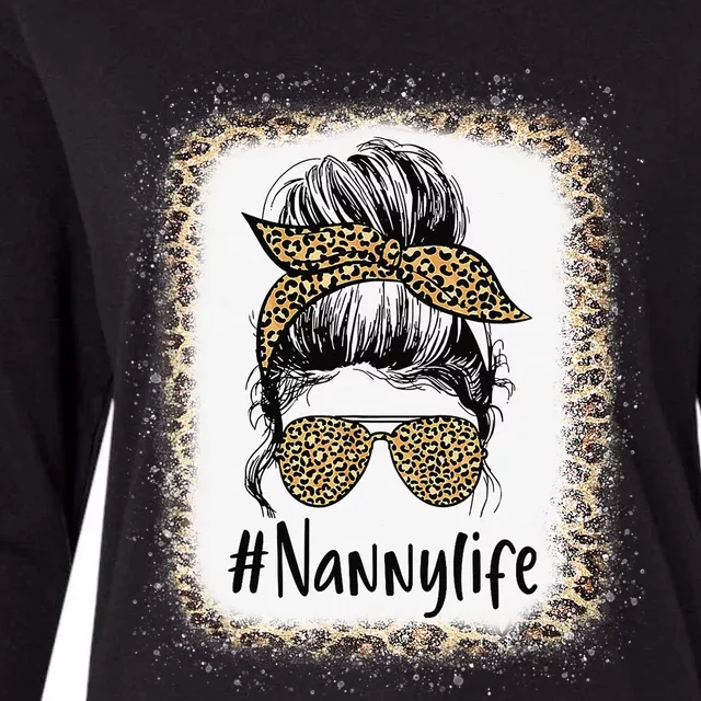 Bleached Nanny Life Messy Hair Bun Leopard Mother's Day Womens Cotton Relaxed Long Sleeve T-Shirt