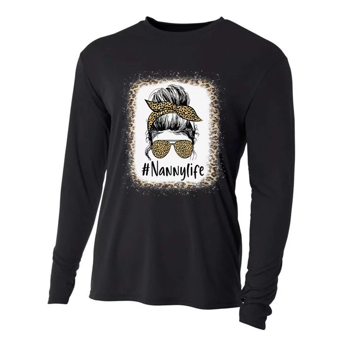 Bleached Nanny Life Messy Hair Bun Leopard Mother's Day Cooling Performance Long Sleeve Crew