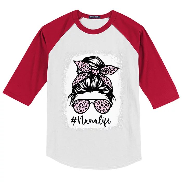 Bleached Nana Life Rainbow Leopard Messy Bun Mother's Day Kids Colorblock Raglan Jersey