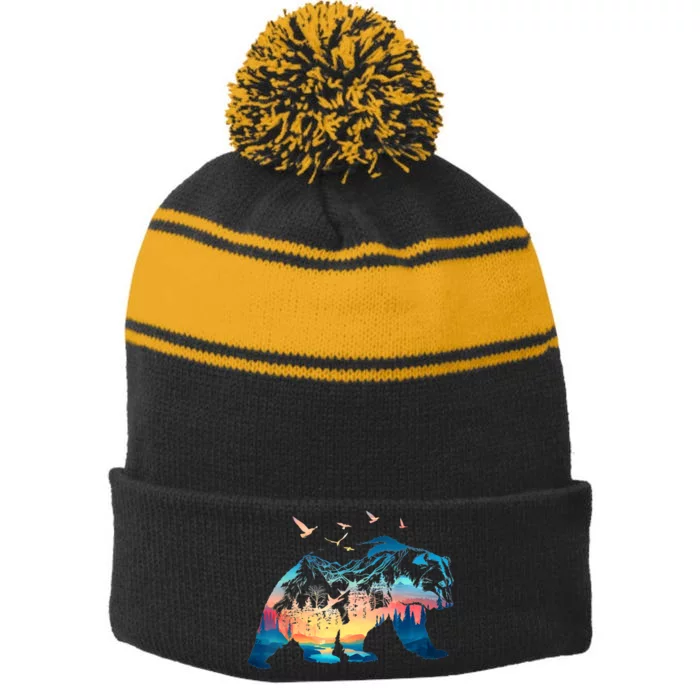 Bear Nature Outdoor Mountains Forest Trees Bear Wildlife Stripe Pom Pom Beanie