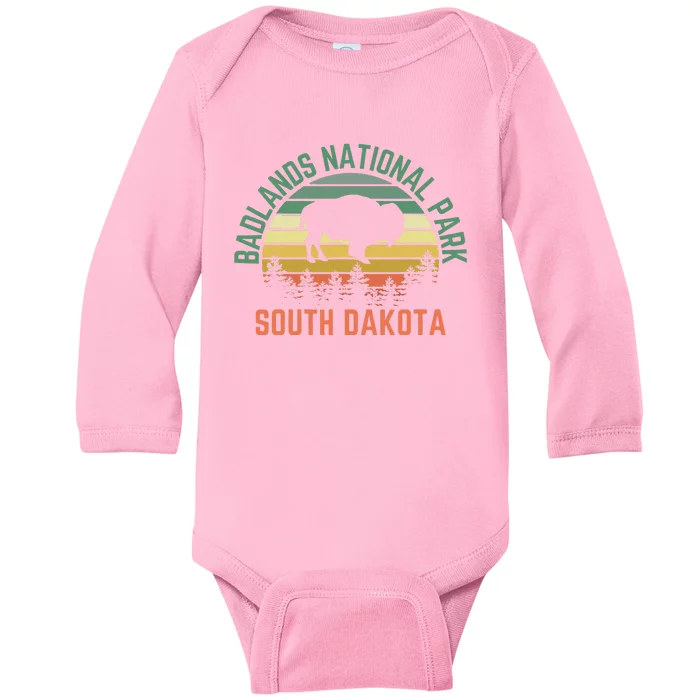 Badlands National Park South Dakota Buffalo Retro Sunset Baby Long Sleeve Bodysuit