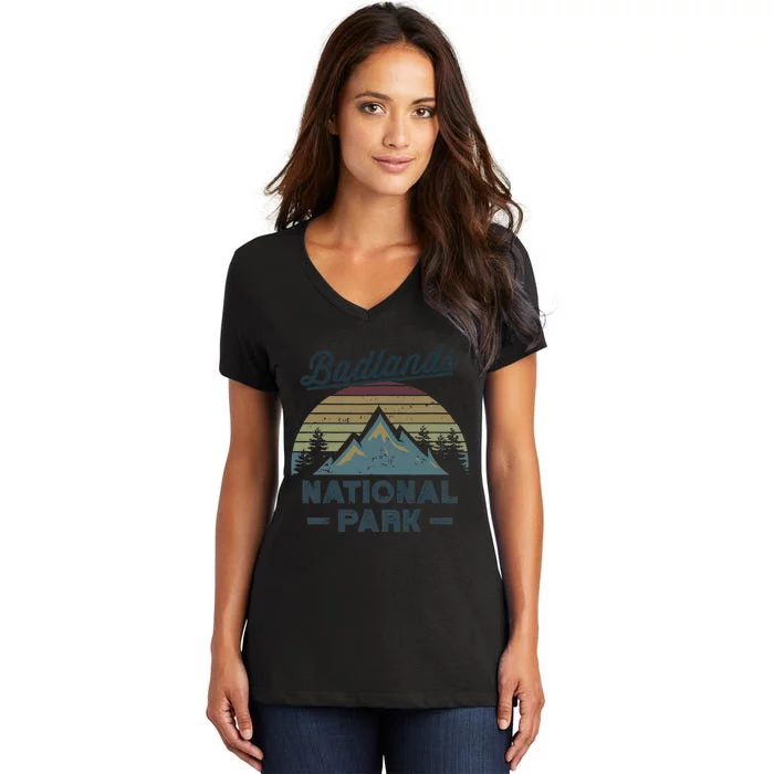 BADLANDS NATIONAL PARK SD Vintage Sunset Love Hiking Camping Women's V-Neck T-Shirt