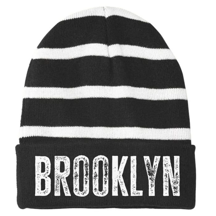 Brooklyn NY Retro Text New York Love Brooklyn Bridge Striped Beanie with Solid Band