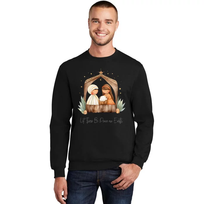 Boho Nativity Scene Let There Be Peace on Earth Christmas Tall Sweatshirt