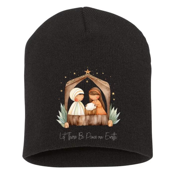 Boho Nativity Scene Let There Be Peace on Earth Christmas Short Acrylic Beanie