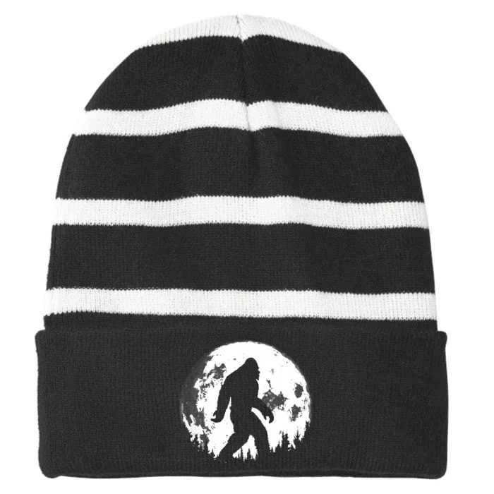 Bigfoot Night Stroll! Cool Full Moon Night & Trees Sasquatch Striped Beanie with Solid Band