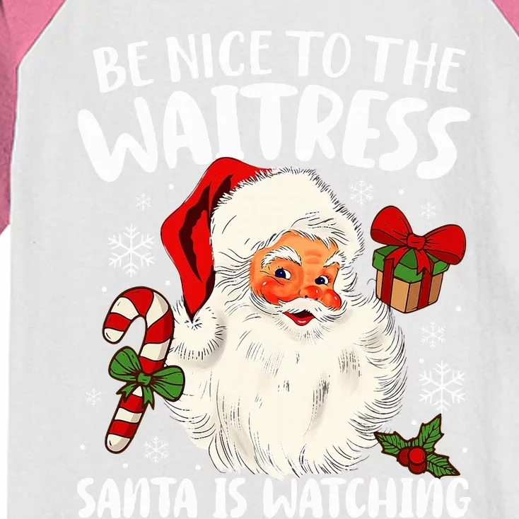 Be Nice To The Waitress Santa Is Watching Christmas Xmas Kids Colorblock Raglan Jersey