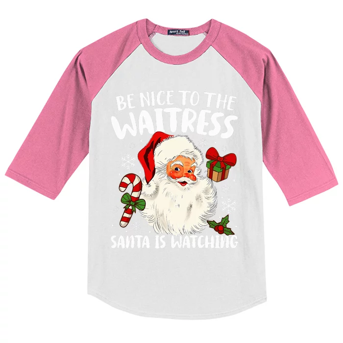 Be Nice To The Waitress Santa Is Watching Christmas Xmas Kids Colorblock Raglan Jersey