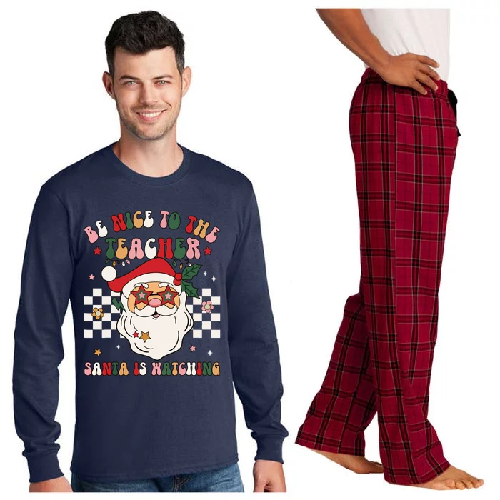 Be Nice To The Teacher Santa Is Watching Retro Christmas Long Sleeve Pajama Set