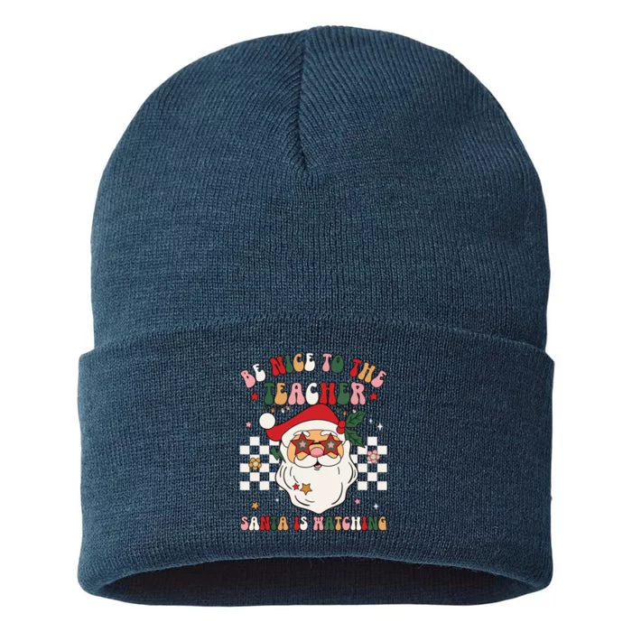 Be Nice To The Teacher Santa Is Watching Retro Christmas Sustainable Knit Beanie