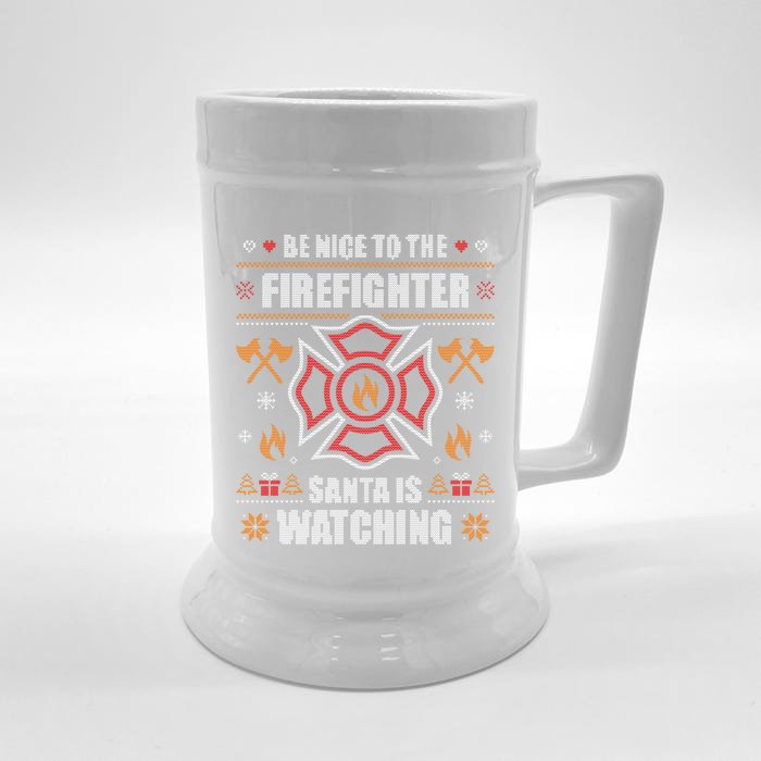 Be Nice To The Firefighter Ugly Christmas Sweater Fire Cool Gift Front & Back Beer Stein