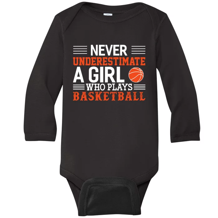 Basketball Never Underestimate A Girl Who Plays Basketball Baby Long Sleeve Bodysuit