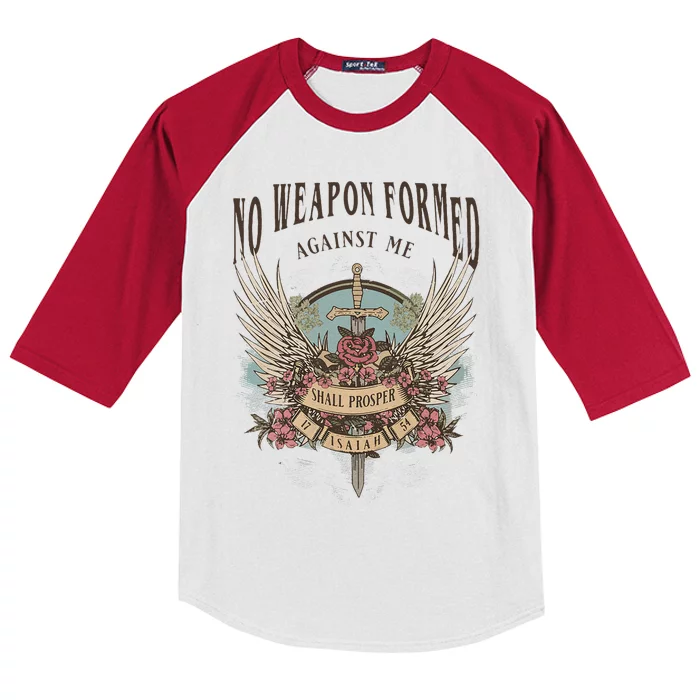 Boho No Weapon Formed Against Me Shall Prosper Christian Kids Colorblock Raglan Jersey