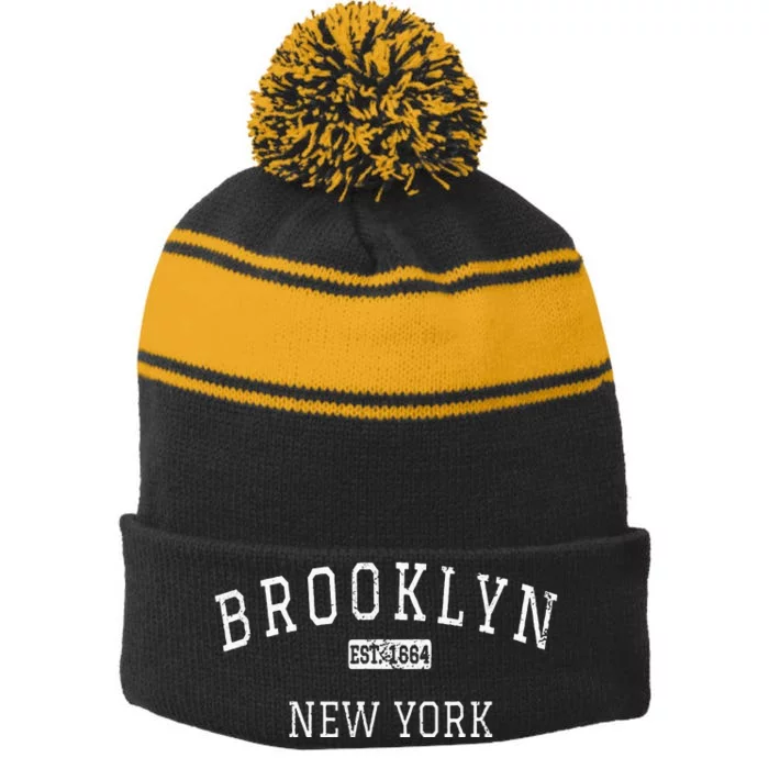 Brooklyn New York NY Vintage Stripe Pom Pom Beanie