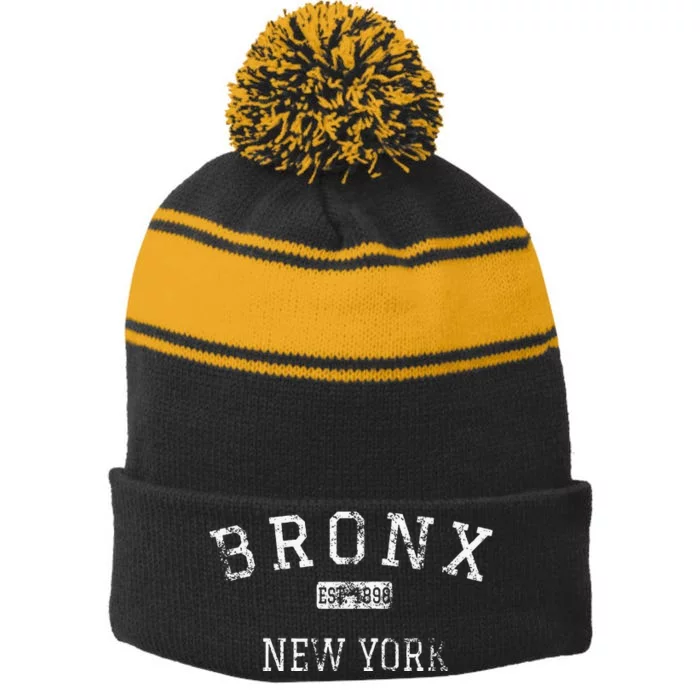 Bronx New York Ny Vintage Stripe Pom Pom Beanie