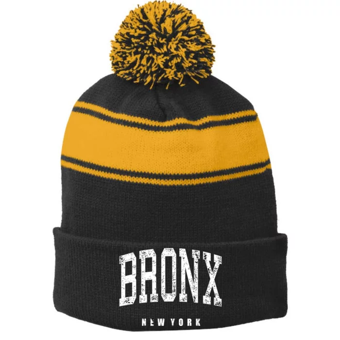 Bronx New York Vintage Stripe Pom Pom Beanie