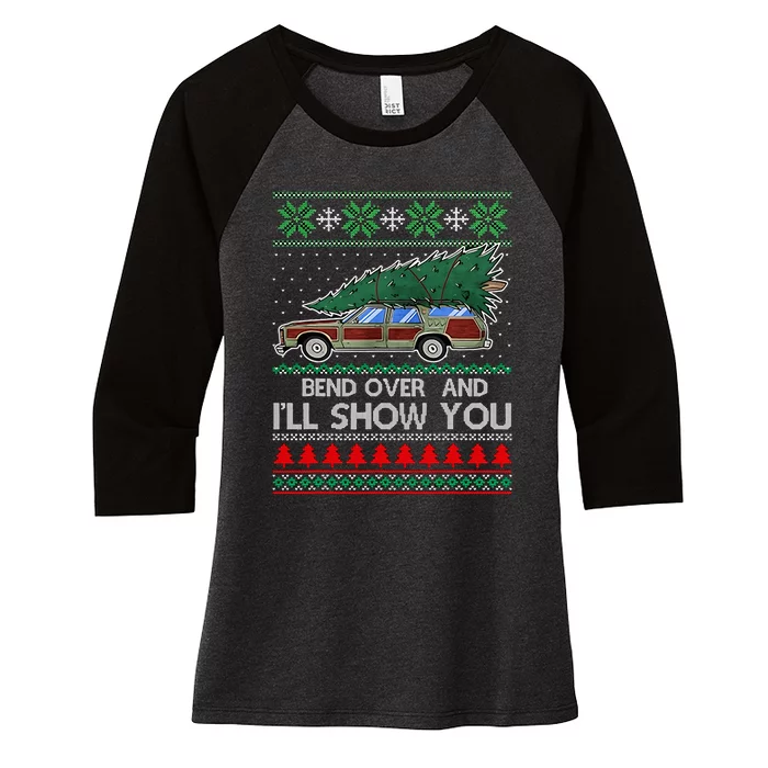 Bend Over and I'll Show You Christmas Couple Matching Family Women's Tri-Blend 3/4-Sleeve Raglan Shirt